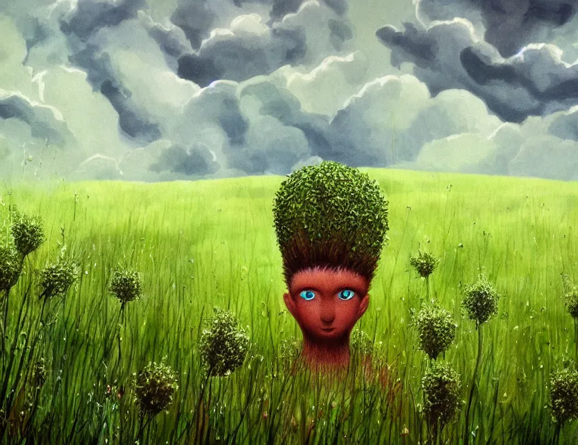 Prompt: wild, lush chia pet in the meadow, stormy skies. russian fairytale art, gouache, dynamic composition, backlighting