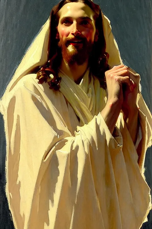 Prompt: leyendecker!!!!!!!!! solomon joseph solomon and richard schmid and jeremy lipking victorian loose genre loose painting full length portrait painting of jesus with a slight smile happy inviting