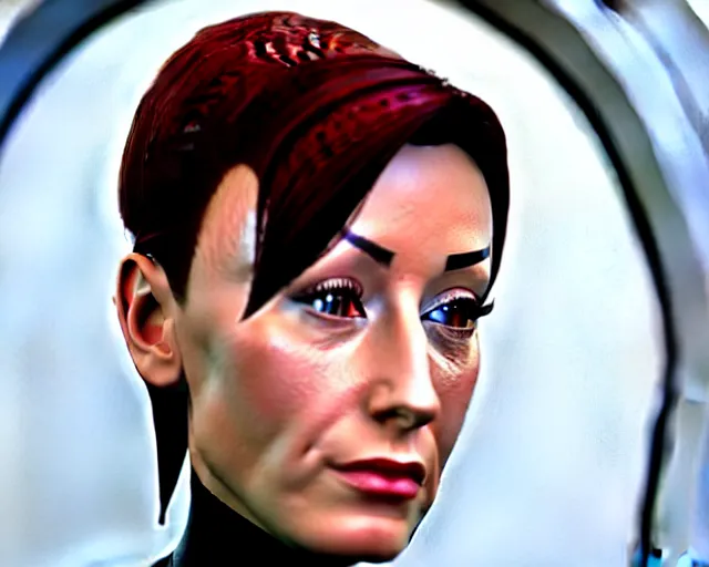 Image similar to hyper realistic photograph of the young bajoran kira nerys from star trek, three quarter shot, medium shot, f 1. 4, 3 5 mm, unreal engine