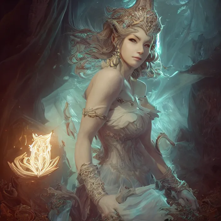 Prompt: the portrait of the lawful evil sorceress archetype personified as an absurdly beautiful, graceful, elegant, sophisticated, young buautiful woman, an ultrafine hyperdetailed illustration by kim jung gi, irakli nadar, bright colors, octopath traveler, final fantasy, unreal engine 5 highly rendered, radiant light, detailed and intricate environment