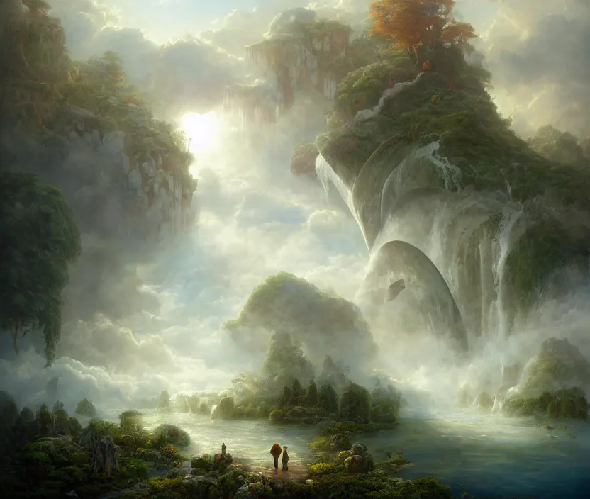 Image similar to floating lands in-clouds, foggy, volumetric fog, sun beams, blooming, bird flocks, giant mushrooms, waterfalls, flying whale; by Tom Bagshaw, Ivan Shishkin, Hans Thoma, Asher Brown Durand