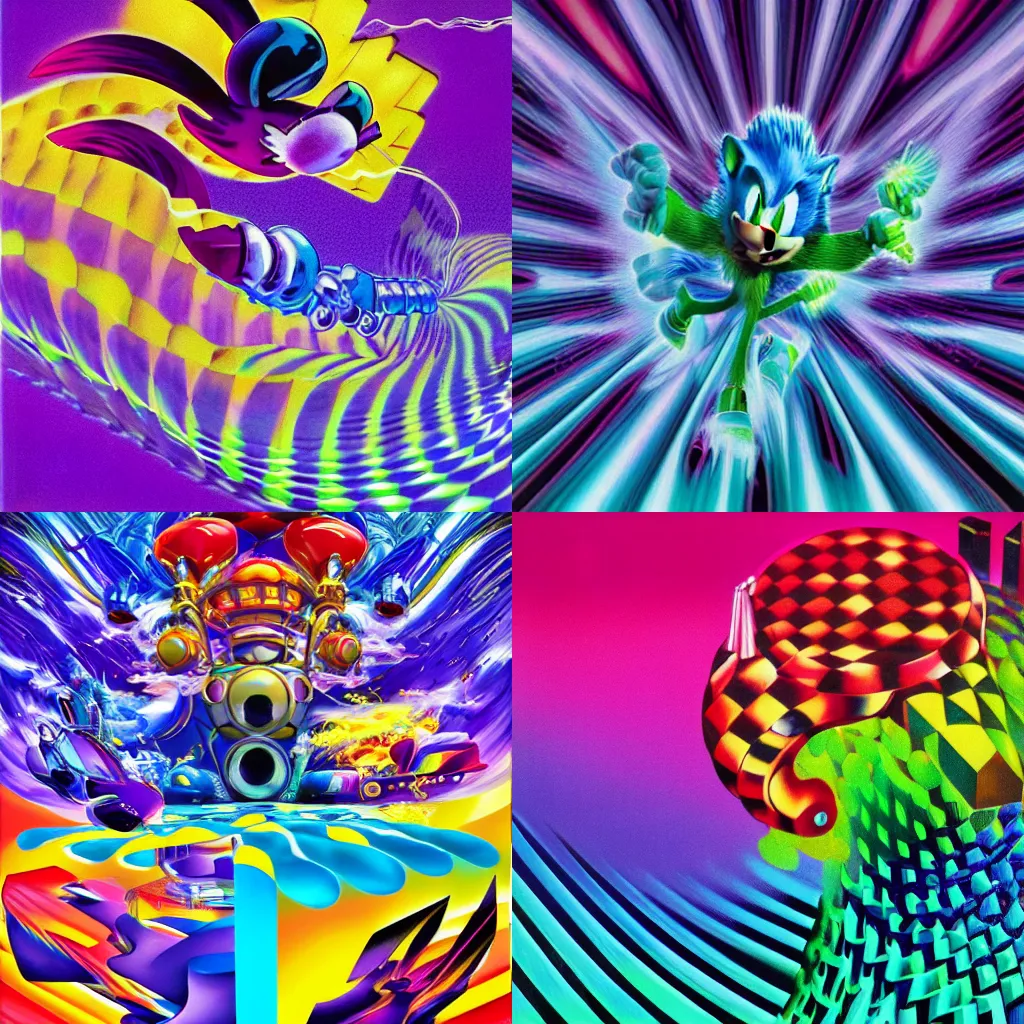 Image similar to surreal, sharp, detailed professional, high quality airbrush art MGMT album cover of a liquid dissolving DMT sonic the hedgehog, purple checkerboard background, 1990s 1992 Sega Genesis video game box art