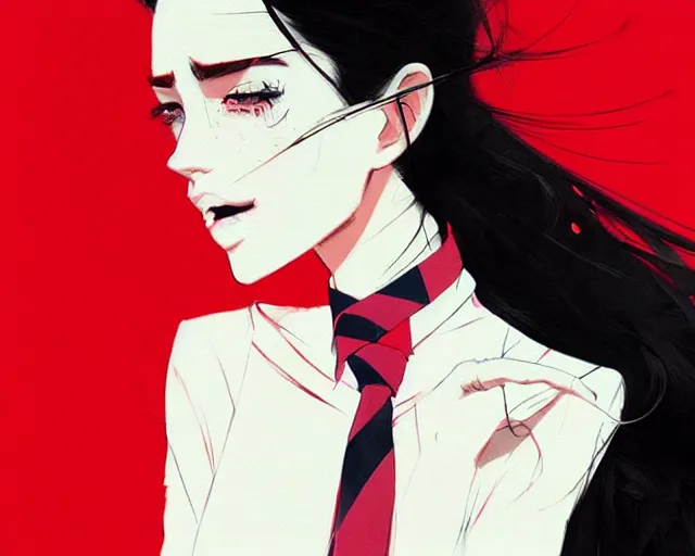 Image similar to a ultradetailed beautiful panting of a stylish woman wearing a shirt with a tie, she has black hair, by conrad roset, greg rutkowski and makoto shinkai, trending on artstation