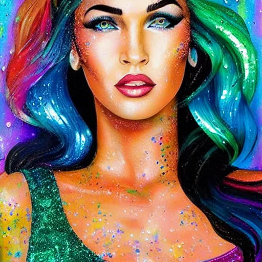 Image similar to “Megan Fox glitter paints paintings, glitter face and body, glitter background, ultra detailed portrait, 4k resolution”