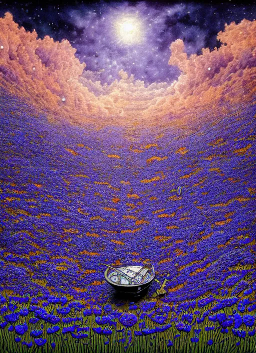 Image similar to detailed, intricate blue black and purple papaverum flower on the field, nebula, galaxy in the sky, winning award masterpiece, fantastically beautiful, illustration, aestheticly inspired, jacek yerka, upscale with anguissola sofonisba work, artstation, 8 k