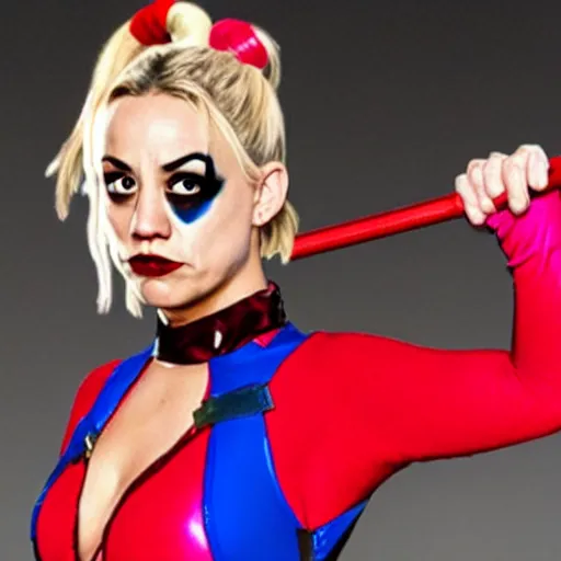 Prompt: A still of Kaley Cuoco as Harley Quinn, wearing her comics-accurate outfit