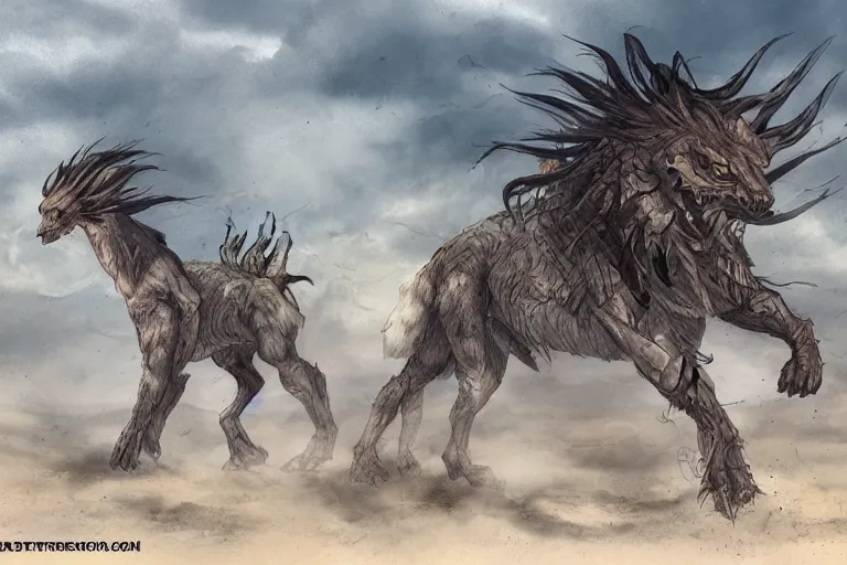 Prompt: beasts of the steppe, fantasy creature designs in an atmospheric landscape