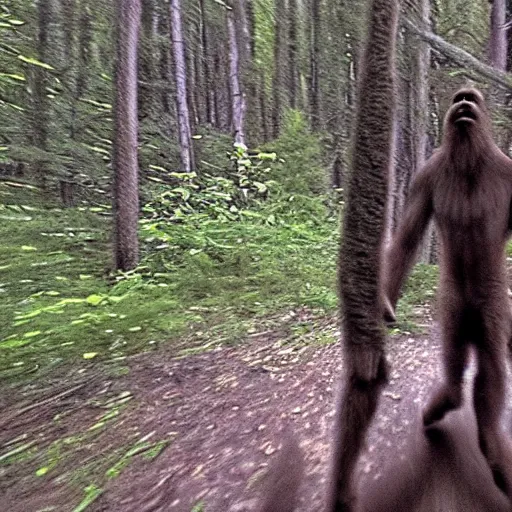 Prompt: trail cam footage of bigfoot