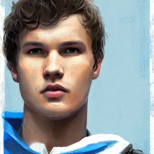 Image similar to portrait of a man by greg rutkowski, he looks like ansel elgort, he is wearing a blue and white kevlar gear with a cape, highly detailed portrait, digital painting, artstation, concept art, smooth, sharp foccus ilustration, artstation hq