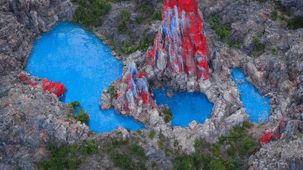 Image similar to Aerial view of a wizard tower surrounded by a blue cave, a red cave, a blue mine and a red mine, lineart, colored