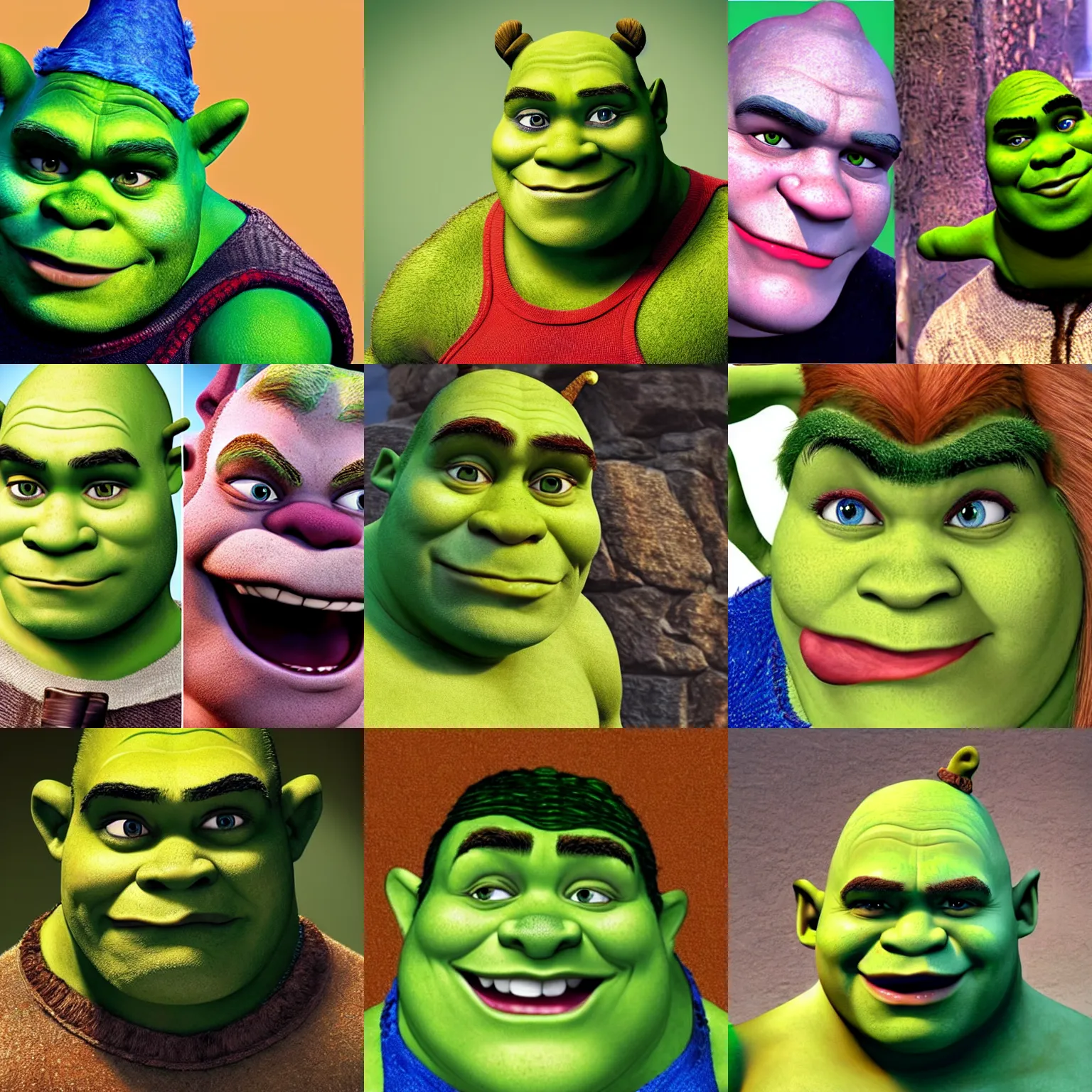 Prompt: Shrek with green eyes, blue hair and red skin