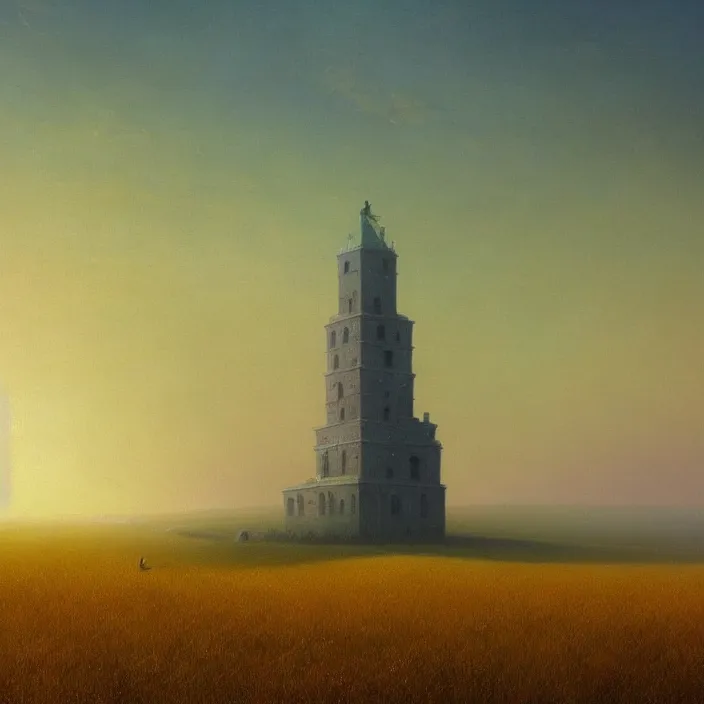 Image similar to a beautiful painting of a tower in a field of golden wheat by ivan aivazovsky and zdzisław beksinski and rene magritte and greg rutkowski and james gurney, in style of digital art. hyper detailed. octane render. maya. trending on artstation