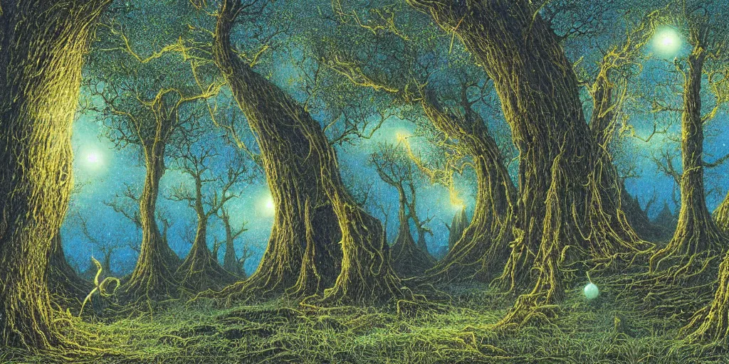 Image similar to Artwork by Tim White of the cinematic view of the Celestial Forest of Buried Enchantments.