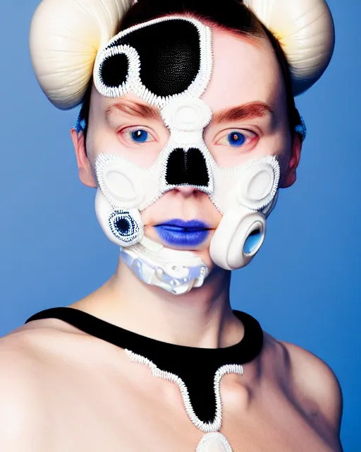 Prompt: symmetrical close - up portrait of a woman wearing a blue silicone embroidered beauty mask and hair buns, wearing a black bodysuit by alexander mcqueen, cream white background, soft light, biotechnology, humanoide robot, bjork aesthetic, translucent, by rineke dijkstra, intricate details, highly detailed, masterpiece,