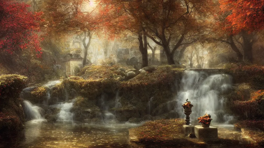 Image similar to autumn in the secret garden. a tiny fountain statue is frozen. andreas achenbach, artgerm, mikko lagerstedt, zack snyder, tokujin yoshioka