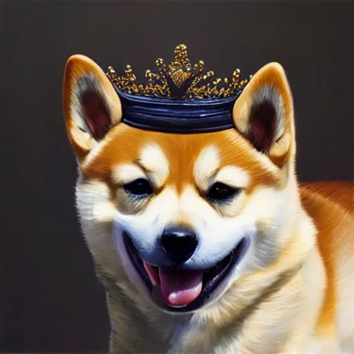 Prompt: high quality oil painting, portrait of a shiba inu dog wearing a royal crown