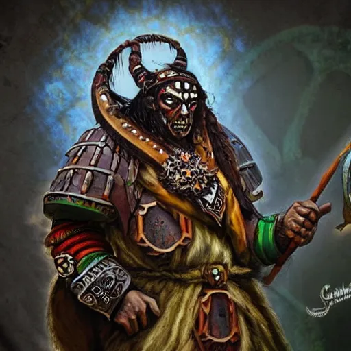 Prompt: a photo of a shaman gobelin in the style of Warhammer, fractal background