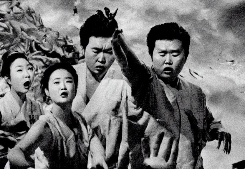 Image similar to a filmstill of pulgasari, kaiju starfish, monster movie, korean film noir, 1 9 5 0 s thriller, kim jong - il, in the style of rashomon and godzilla