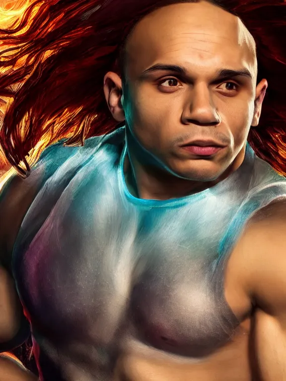 Image similar to portrait art of Tyler1 with long flowing hair, 8k ultra realistic , lens flare, atmosphere, glow, detailed, intricate, full of colour, cinematic lighting, trending on artstation, 4k, hyperrealistic, focused, extreme details, unreal engine 5, cinematic, masterpiece