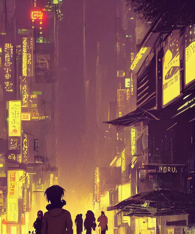 Prompt: street from paris or neo tokyo , humid ground, people and creatures walking holding neon ombrellas, volumetric light, bokeh light from top, science fiction elements like droids or big computer screens, brutalist architecture, rainy mood, artstation, art pascal campion