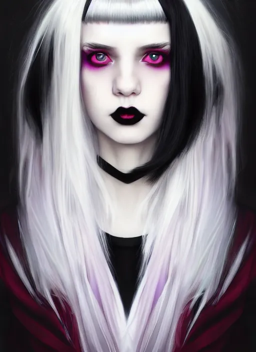 Image similar to portrait of white teenage girl, normal face, black bangs, mall goth, cyberlox, black and white hair, bangs, fluffy bangs, red contacts, purple lipstick, intricate, elegant, highly detailed, digital painting, artstation, concept art, sharp focus, smooth, illustration, art by wlop, mars ravelo and greg rutkowski