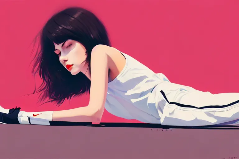 Image similar to a ultradetailed painting of a stylish woman laying on the ground, she is wearing nike air force 1 sneakers, by ilya kuvshinov, trending on artstation