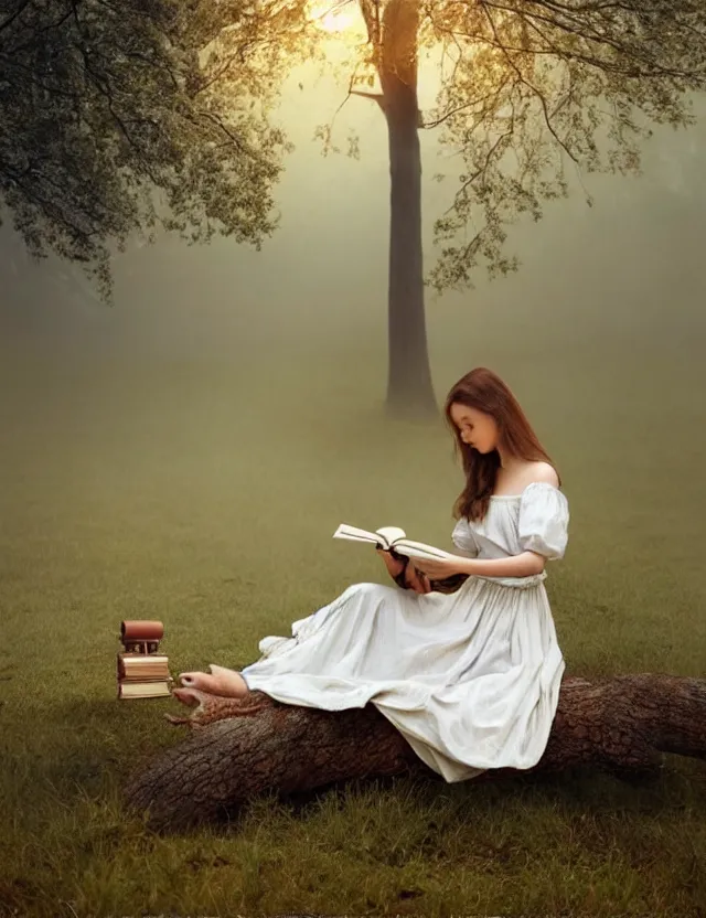 Image similar to beautiful peasant Girl in long white dress reading a book sitting on a tree in a foggy forest, Cinematic focus, Polaroid photo, vintage, neutral colors, soft lights, by Steve Hanks, by Serov Valentin, by lisa yuskavage, by Andrei Tarkovsky 8k render, detailed, oil on canvas