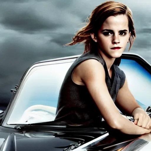 Prompt: emma watson starring in the new fast and furious movie she is driving a very expensive car, 8 0 s movie, cinematic, movie poster, dark, moody