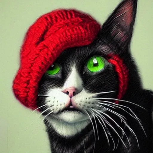 Image similar to A cat with red eyes smoking weed and wearing a beanie, photorealistic art
