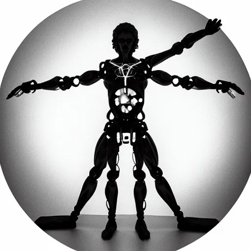 Image similar to beautiful centered fine art photo of vitruvian man as a solarpunk robotic humanoid, white mechanical parts with led lights, bouguereau style pose, photorealistic, white background, highly detailed and intricate, soft box lighting, hdr 8 k