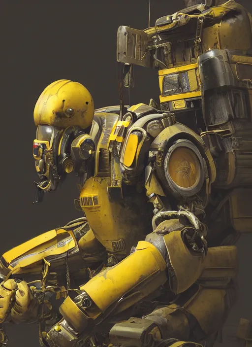 Image similar to a photorealistic dramatic hyperrealistic render of a futuristic exosuit power loader heavy machinery, ultra realistic details, glossy yellow, well worn, rust, oil stains by vitaly bulgarov and mike nash, beautiful dramatic dark moody tones and lighting, cinematic atmosphere, studio lighting, global illumination, shadows, dark background, octane render, 8 k