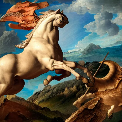 Prompt: bellerophon facing the chimera by leonardo, masterpiece 4 k digital, highly detailed, trending on artstation, award winning