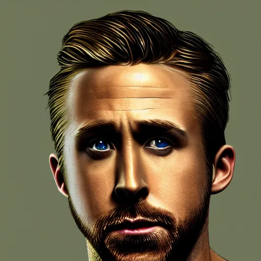 Image similar to ryan gosling portrait, dystopia core, apocalyptic, armor, warrior, dramatic, sharp focus, fiction, neon, fantasy, hyper detailed, digital art, trending in artstation, cinematic lighting, studio quality, smooth render, unreal engine 5 rendered, octane rendered, art style and nixeu and wlop and krenz cushart