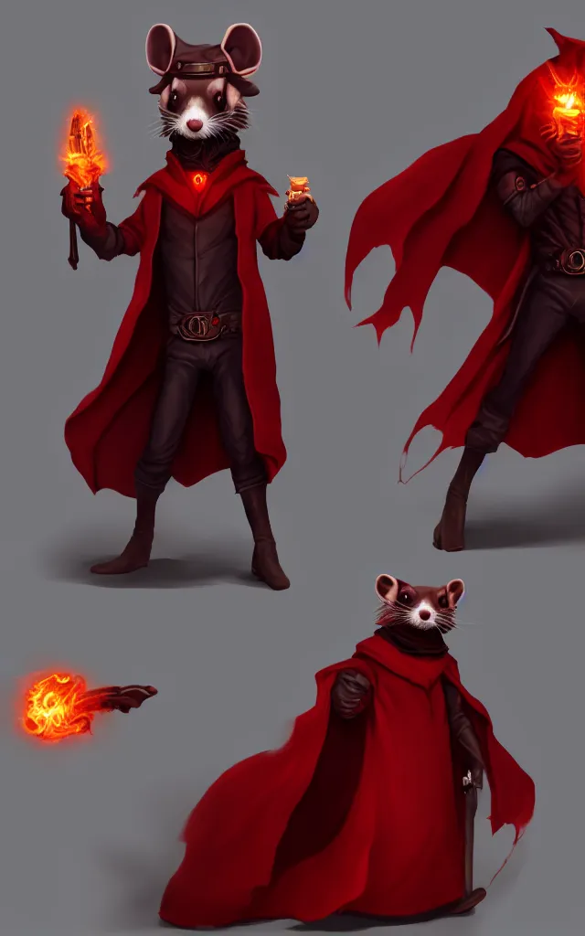 Image similar to a anthropomorphic ferret is a dark warlock dressed red robes, he's very menacing and evil, he's holding a fireball, hyperdetailed, artstation, cgsociety, 8 k