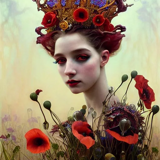 Image similar to young poppy queen, unique non conventional beauty, surreal, fantasy, intricate, elegant, dramatic lighting, emotionally evoking symbolic metaphor, highly detailed, lifelike, photorealistic, digital painting, artstation, concept art, smooth, sharp focus, illustration, art by Krenz Cushart and Artem Demura and Alphonse Mucha and Albert Aublet