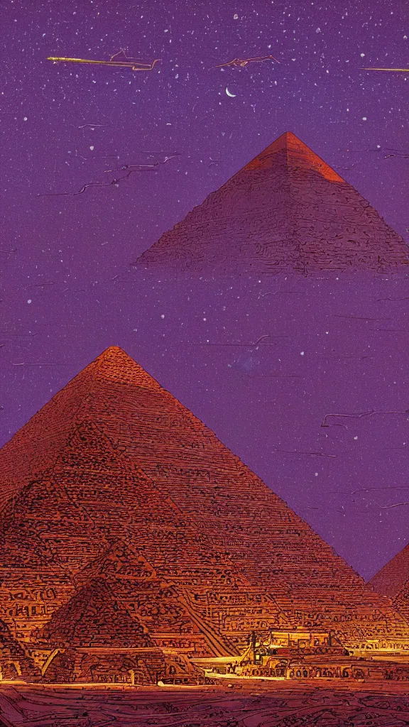 Image similar to highly detailed illustration of the pyramids of giza at night with glowing tips by moebius, nico delort, oliver vernon, kilian eng, joseph moncada, damon soule, manabu ikeda, kyle hotz, dan mumford, otomo, 4 k resolution