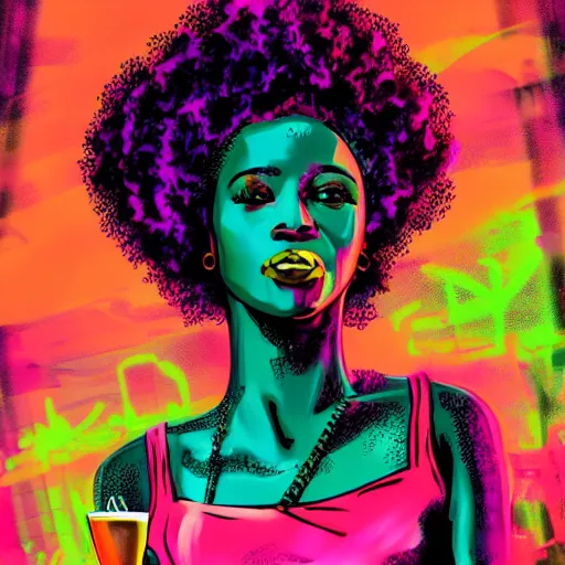 Prompt: a woman with a pink afro looking across the bar at you, synthwave, digital art, colorful