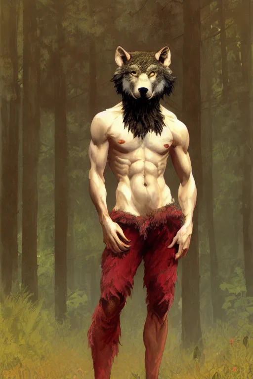 Prompt: full figure portrait of a beautiful young fit male werewolf, wolf head, partially male hairy torso, fur covered legs, by greg rutkowski and alphonse mucha, d & d character, gradient red to black, in front of a forest background, highly detailed portrait, digital painting, artstation, concept art, smooth, sharp focus ilustration, artstation hq