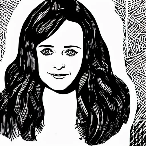 Prompt: portrait of young alexis bledel, line art, engraving illustration, woodcut illustration