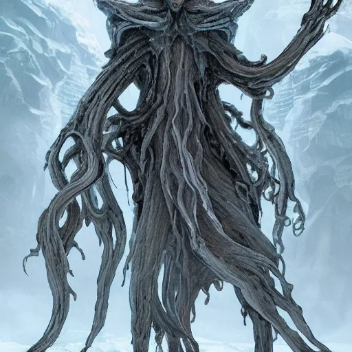 Image similar to concept designs for an end game boss that is an ethereal ghostly wraith like figure with a squid like parasite latched onto its head and long tentacle arms that flow lazily but gracefully at its sides like a cloak while it floats around a frozen rocky tundra in the snow searching for lost souls and that hides amongst the shadows in the trees, this character has hydrokinesis and electrokinesis for the resident evil village video game franchise with inspiration from the franchise Bloodborne