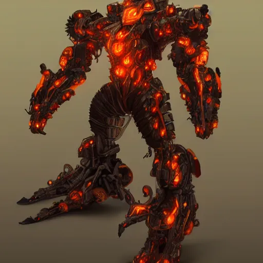 Image similar to an inferno mech from hell, au naturel, hyper detailed, digital art, trending in artstation, cinematic lighting, studio quality, smooth render, unreal engine 5 rendered, octane rendered, art style by klimt and nixeu and ian sprigger and wlop and krenz cushart