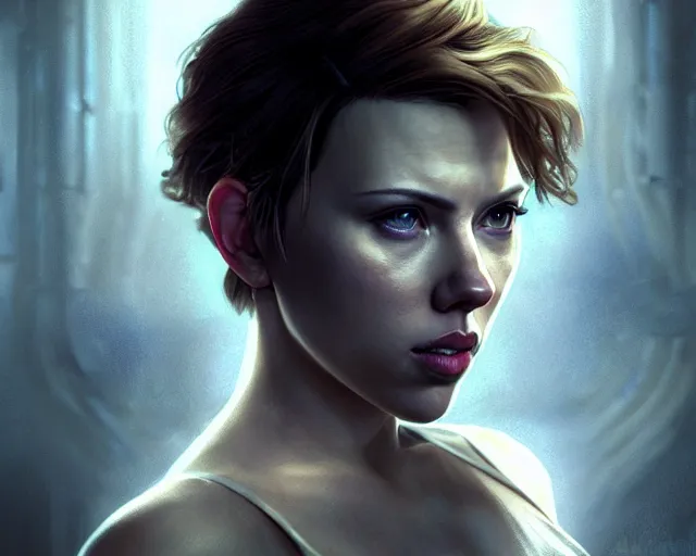 Prompt: a gaming screenshot still portrait of scarlett johansson in resident evil, deep focus, d & d, fantasy, intricate, elegant, highly detailed, digital painting, artstation, concept art, matte, sharp focus, illustration, dark fantasy style art, hearthstone, art by artgerm and greg rutkowski and alphonse mucha