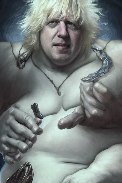 Prompt: portrait of boris johnson as a very pale hulking herculean demon, big pot belly, forest, godlike, full body, fantasy, intricate, elegant, highly detailed, digital painting, artstation, concept art, sharp focus, illustration, art by artgerm and greg rutkowski and alphonse mucha