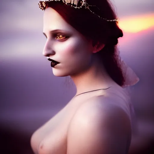 Image similar to photographic portrait of a stunningly beautiful gothic queen of the underworld female in soft dreamy light at sunset, contemporary fashion shoot, by edward robert hughes, annie leibovitz and steve mccurry, david lazar, jimmy nelsson, breathtaking, 8 k resolution, extremely detailed, beautiful, establishing shot, artistic, hyperrealistic, beautiful face, octane render