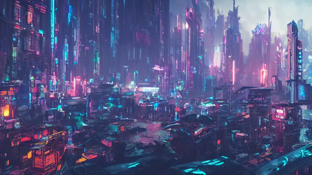 Image similar to cyberpunk city built underwater, submerged, nighttime, fluorescent led, made in blender, octane render, cinematic, volumetric lighting, futuristic,, hyperrealistic, highly detailed, colourful 4 k hd