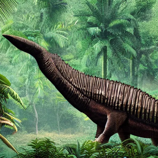 Prompt: giant spinosaurus walking through a tropical forest