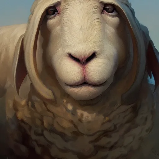 Image similar to sheep, realistic portrait, highly detailed, digital painting, artstation, concept art, smooth, sharp focus, illustration, cinematic lighting, art by artgerm and greg rutkowski and alphonse mucha and boris vallejo and frank frazetta