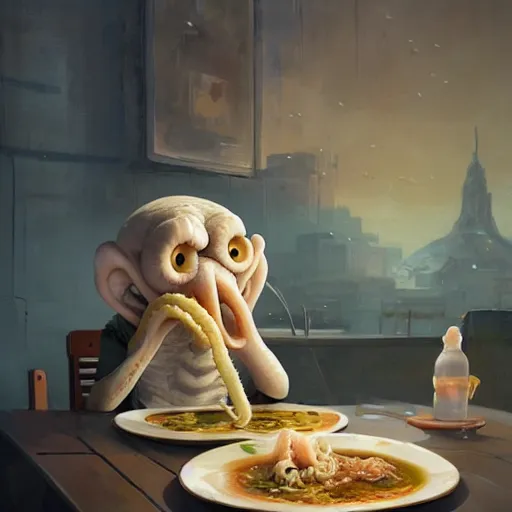 Image similar to Squidward eating ramen, Greg Rutkowski