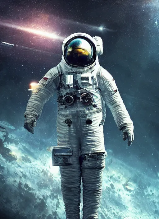 Prompt: complex poster art by craig mullins astronaut in futuristic dark and empty spaceship underwater. infrared glowing lights. complex and hyperdetailed technical suit. reflection and dispersion materials. rays and dispersion of light. volumetric light. 5 0 mm, f / 3 2. noise film photo. flash photography. octane render. interstellar movie poster