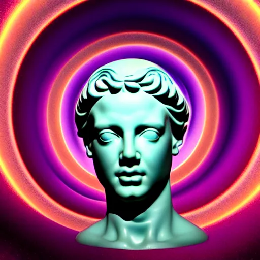 Image similar to 3 d sci - fi cgartist rendering of a hyper realistic marble greek statuary bust floating at the vast pulsating interdimensional fractal space portal at the psychedelic vaporwave event horizon directed by col price, trending on artstation